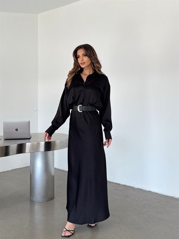 Uzun Krep Saten Etek - Siyah