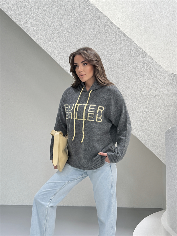 Kapüşonlu Butter Triko Kazak - Füme