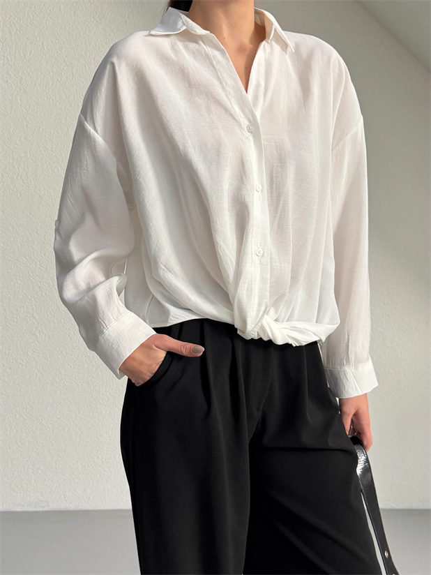 Önü Burgulu Modal Gömlek - Ekru