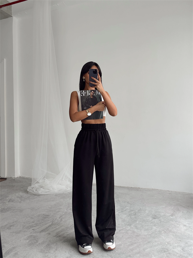 Bel Lastik Detay Palazzo Eşofman - Siyah