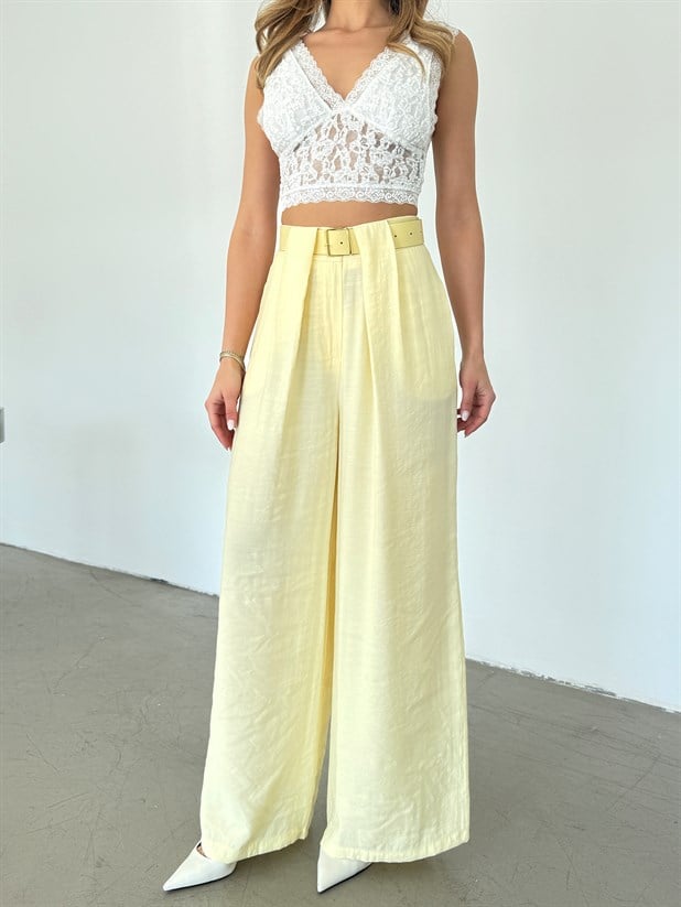 Geniş Kemerli Modal Pantolon - Sarı