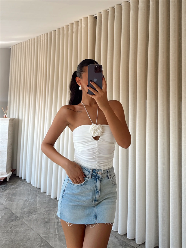 Milla Gül Detay Boyundan Bağlamalı Bodysuit Beyaz - Beyaz