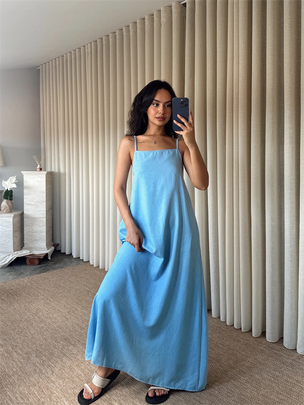 Cepli Keten Elbise - Bebe Mavi