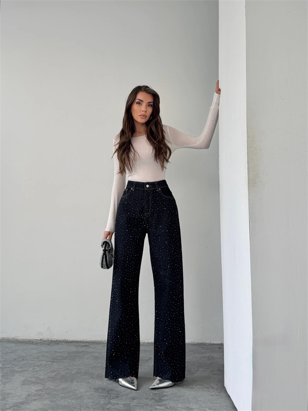 Premium Parlak Taş Detaylı Jean  - Lacivert