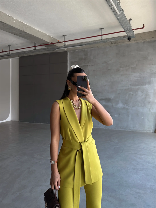 Bağlamalı Blazer Yelek  - Yağ Yeşili