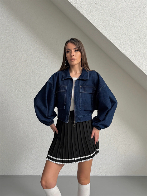Kapak Cepli Balon Kol Denim Ceket - Lacivert