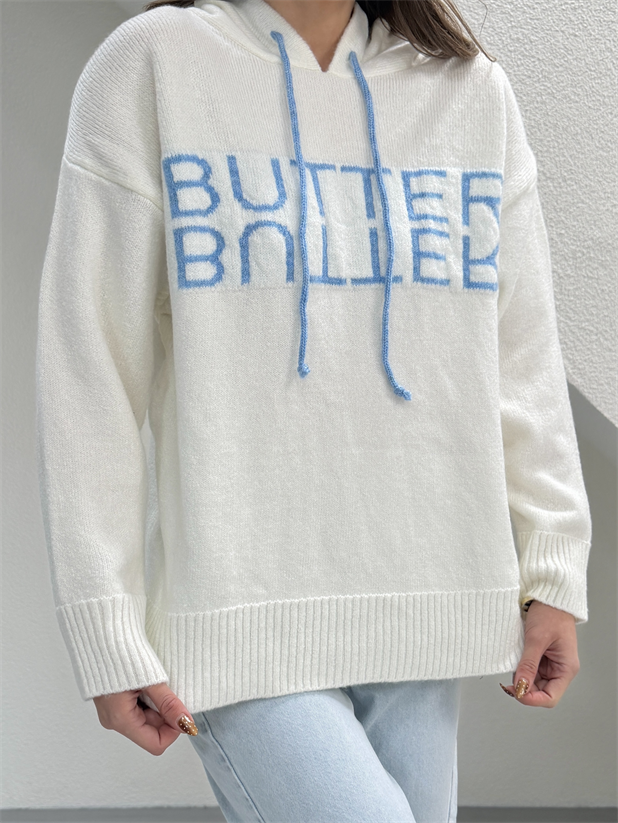 Kapüşonlu Butter Triko Kazak - Beyaz
