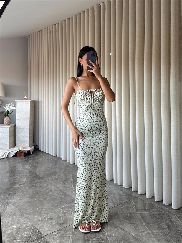 Çiçek Desen Maxi Elbise  - Yeşil