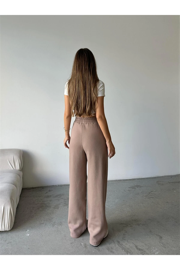 Üç İplik Şardonlu Palazzo Eşofman Vizon - Vizon