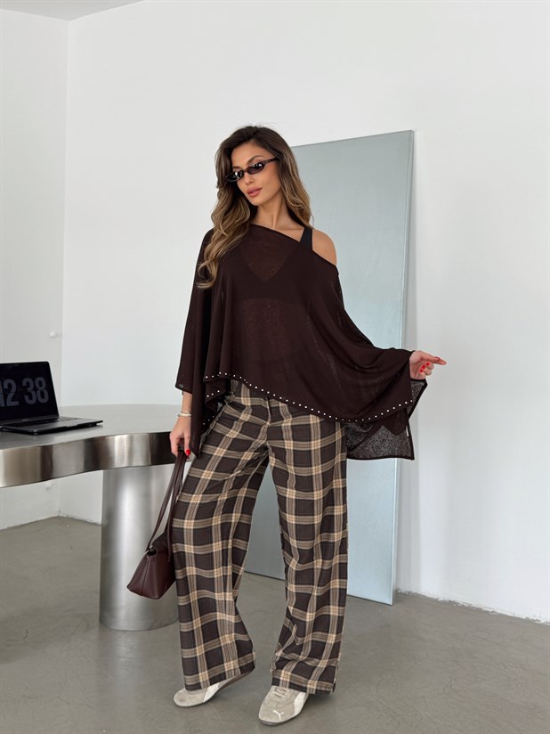 Altı Zımbalı Yarasa Bluz - Kahve