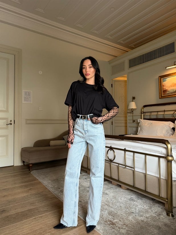 Paça Kesik Palazzo Jean - Buz Mavi