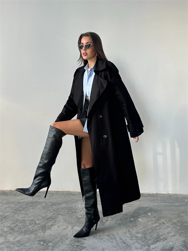 Kemerli Trençkot Siyah - Siyah