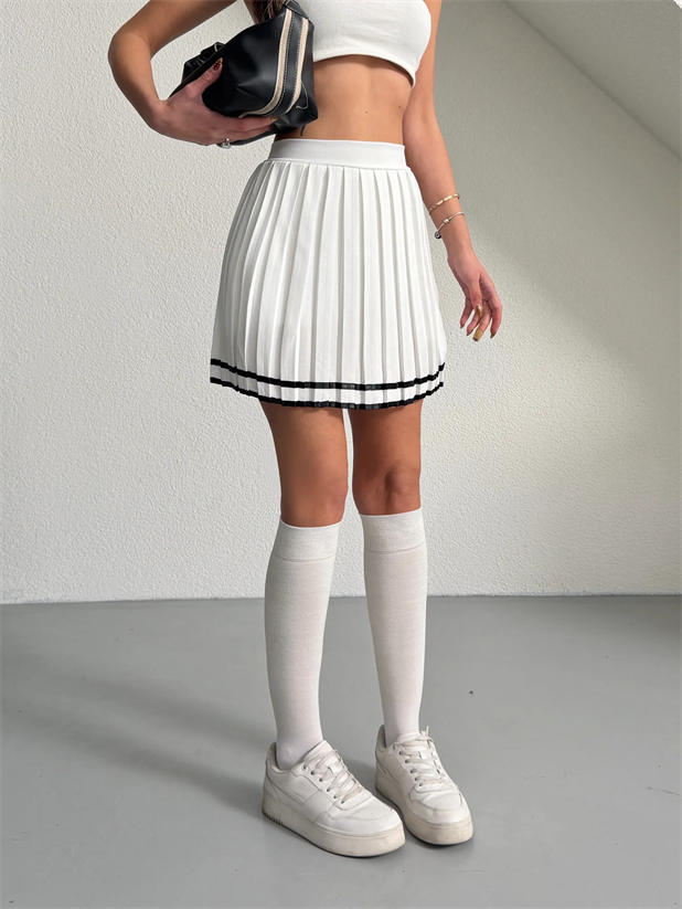 Altı Çizgili Şort Etek - Beyaz