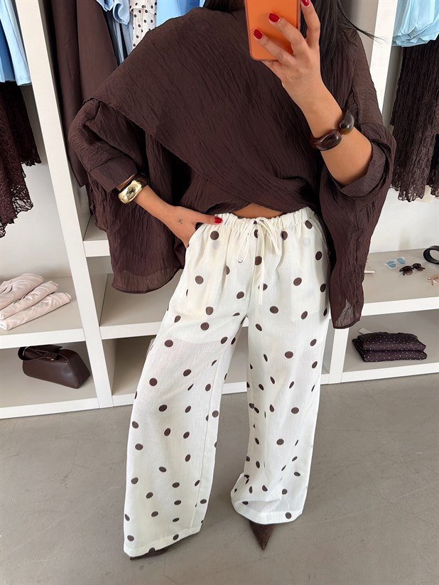 Keten Puantiye Desenli Pantolon - Ekru