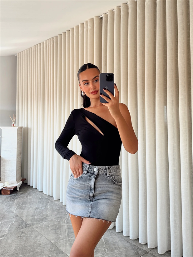 Sabrina Tek Kol Bodysuit Siyah - Siyah