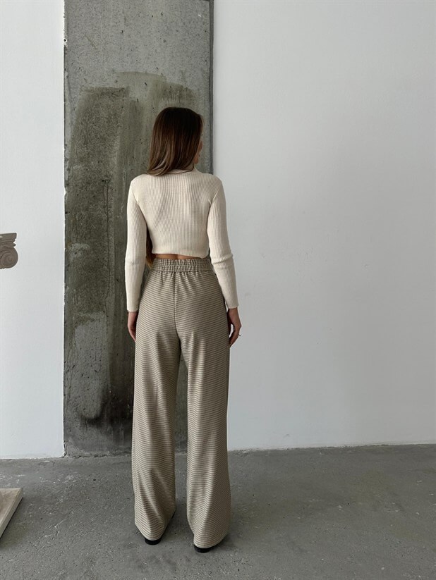 Cırtlı Bel Lastik Pantolon - Ekru