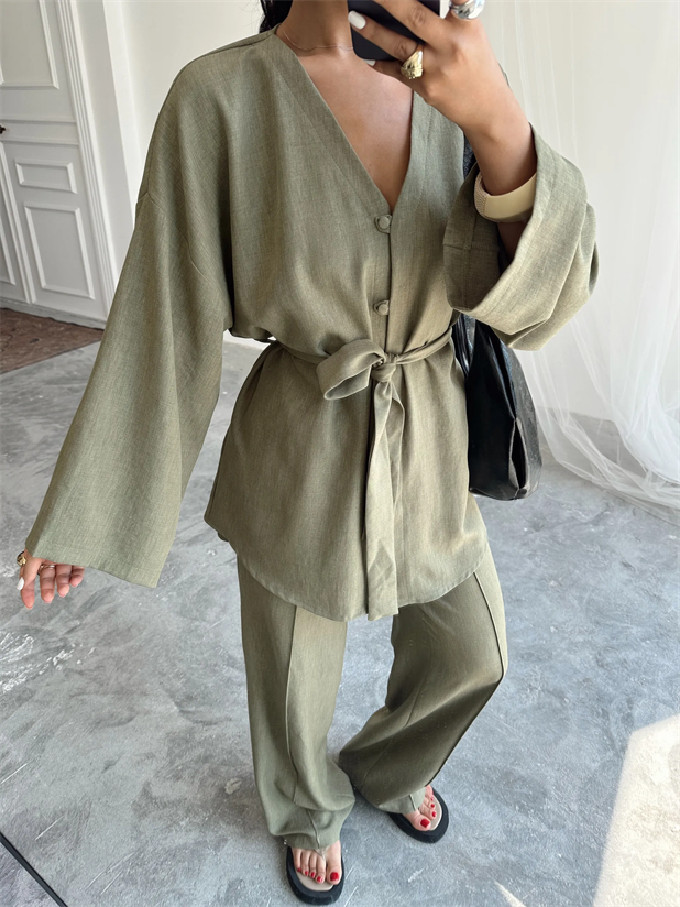 Düğme Detay Kuşaklı Kimono Takım - Haki Yeşil