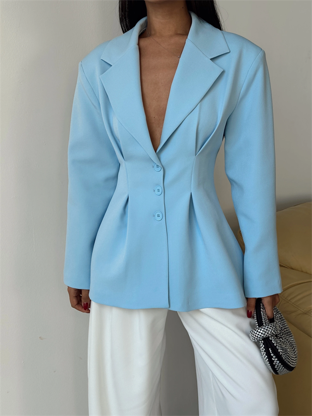 Pile Detay Oturtmalı Blazer Ceket  - Mavi