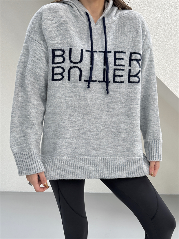 Kapüşonlu Butter Triko Kazak - Gri