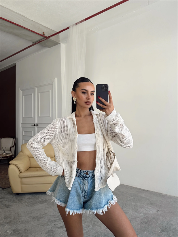 Elena Triko Ajur Hırka Ekru - Ekru