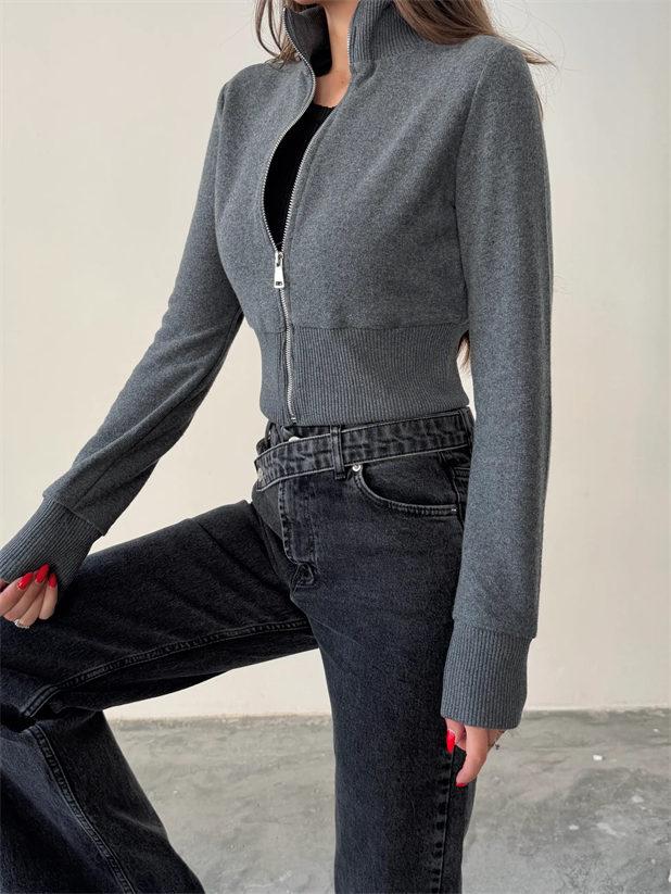 Ribanalı Balıkçı Triko Hırka - Gri