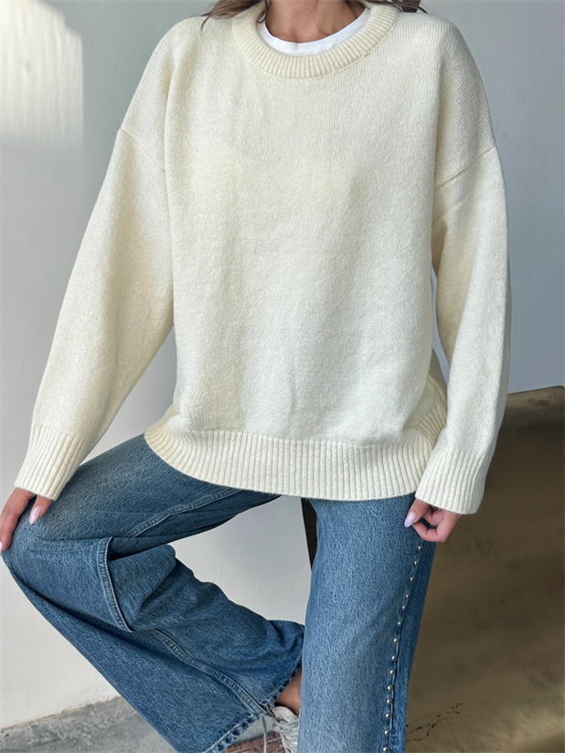 Yıkamalı Şardonlu Triko Kazak - Ekru