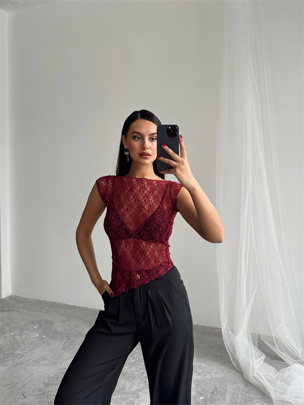Asimetrik Dantel Bluz - Bordo