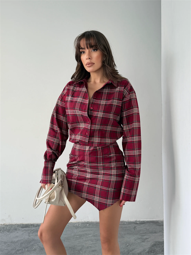 Ekose Gömlek Elbise  - Bordo