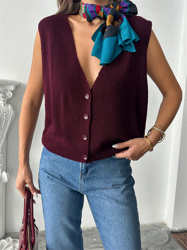 Dört Düğme Selanik Yelek - Bordo