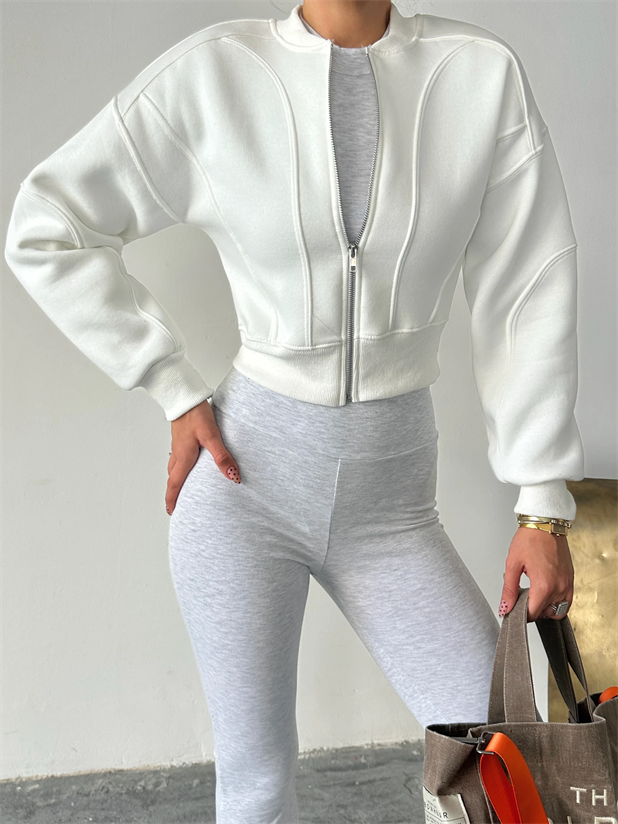 Bisiklet Yaka Fermuarlı Hırka - Beyaz