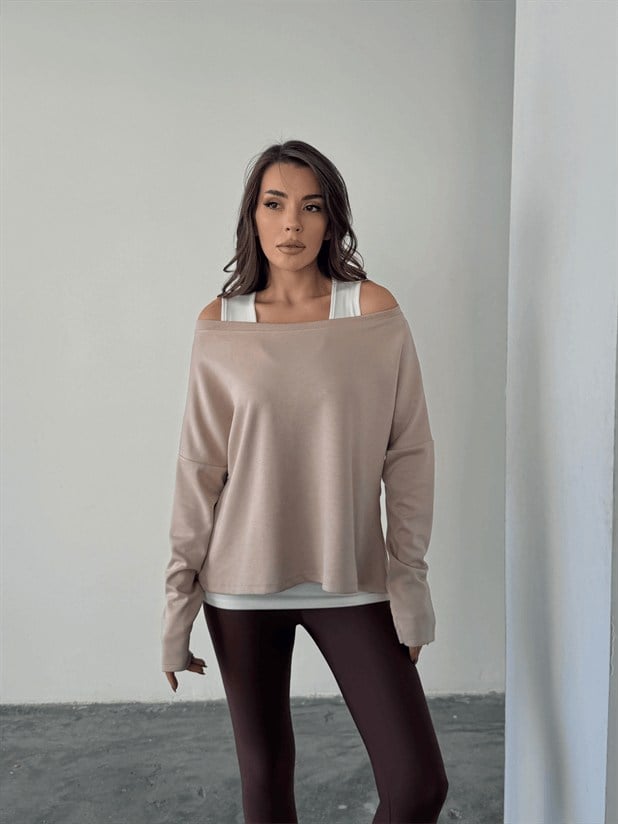 Düşük Omuz Atletli Bluz - Bej