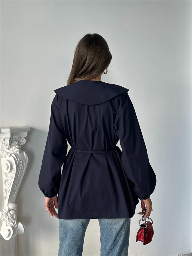 Geniş Yaka Poplin Gömlek - Lacivert