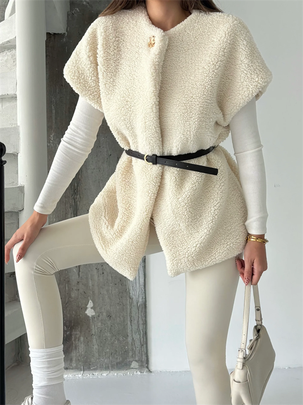 Kemerli Kürk Yelek - Ekru