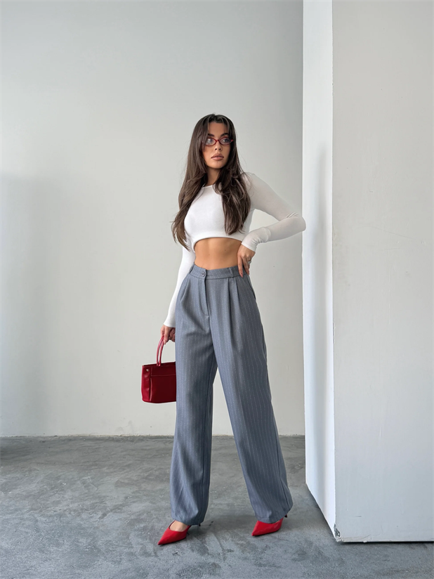 Yünefekt Çizgili Palazzo - Gri