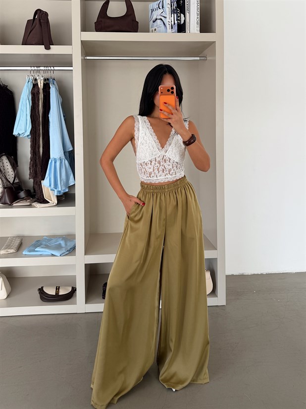 Bol Paça Saten Pantolon - Yağ Yeşili