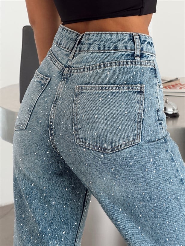 Premium Parlak Taş Detaylı Jean  - Açık Mavi