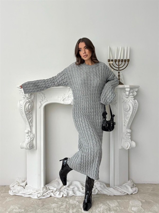 Saç Örgü Triko Elbise - Gri