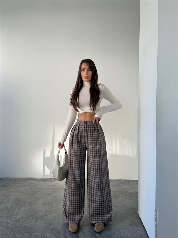 Ekose Üç Pile Palazzo Pantolon  - Kahve