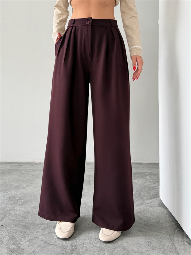 Üç Pile Palazzo Pantolon - Mürdüm