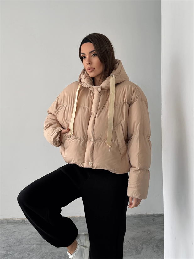 Oversize Kapüşonlu Şişme Mont - Taş