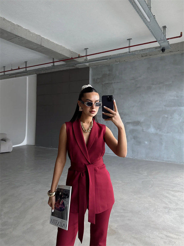 Bağlamalı Blazer Yelek  - Bordo