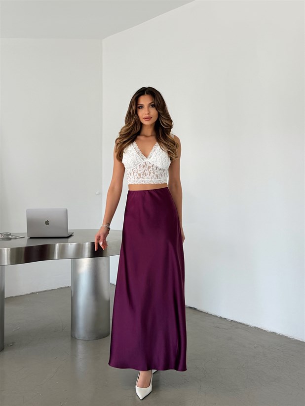 Uzun Krep Saten Etek - Mürdüm