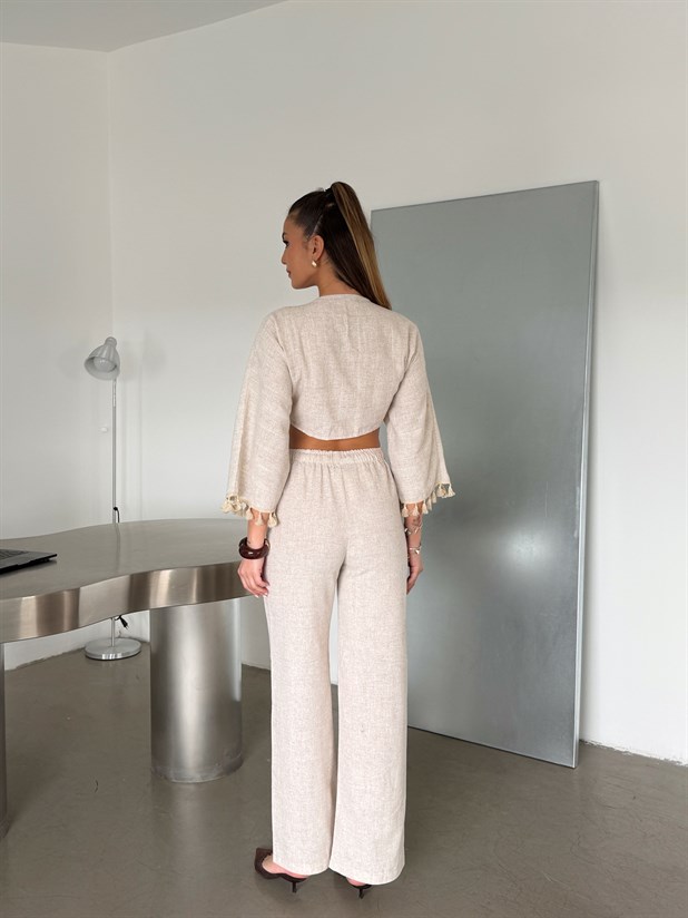 Lastikli Keten Palazzo Pantolon - Krem