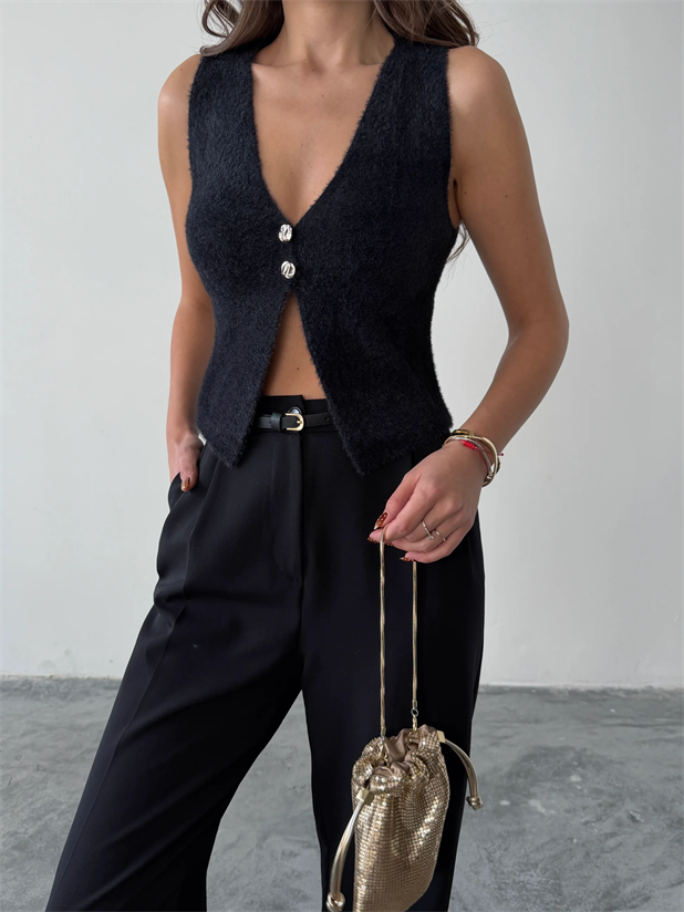 İki Düğmeli Yumoş Yelek - Siyah