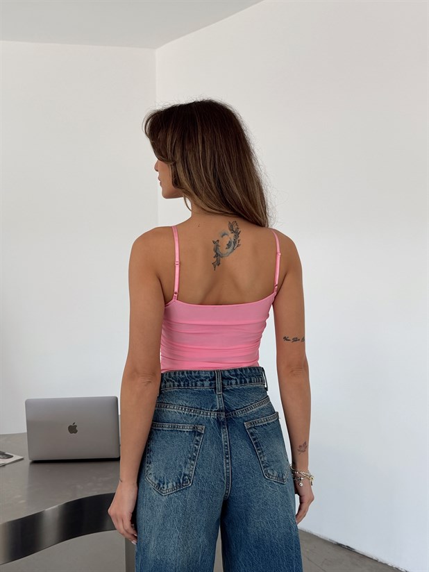Yan Büzgülü Bodysuit Pembe - Pembe