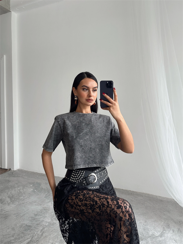 Yıkamalı Vatkalı Crop Basic - Füme