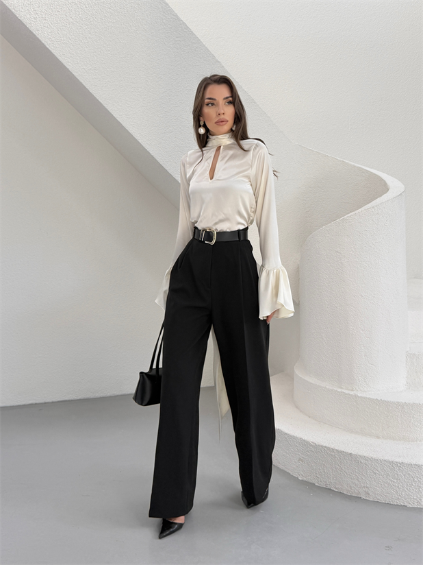 Çift Pileli Palazzo Pantolon - Siyah