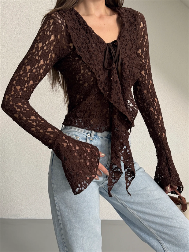 İspanyol Kol Bağcıklı Dantel Bluz - Kahve