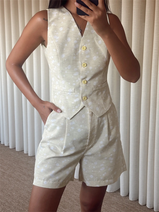 Desenli Şort-Yelek Takım  - Sarı