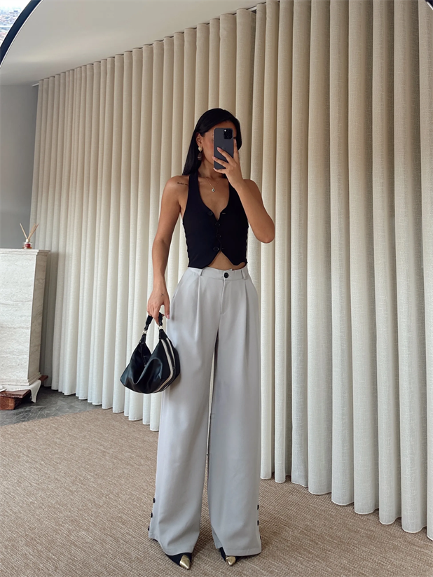 Paçası Düğmeli Palazzo - Gri